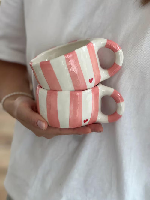 Hand-Painted Ceramic Coffee Mug: Pink Stripes & Red Heart