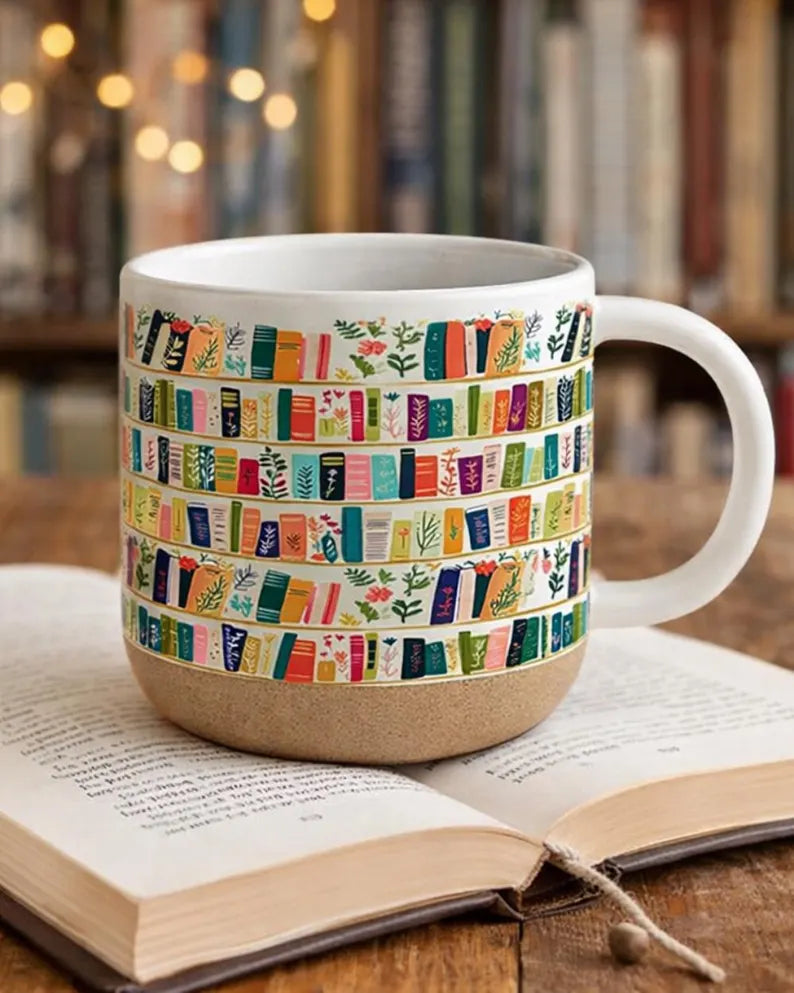 Vintage Bookshelf Library Pottery Mug